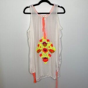Lucky & Coco Women White Cold shoulder Neon Embroidered Swim Coverup Size Medium